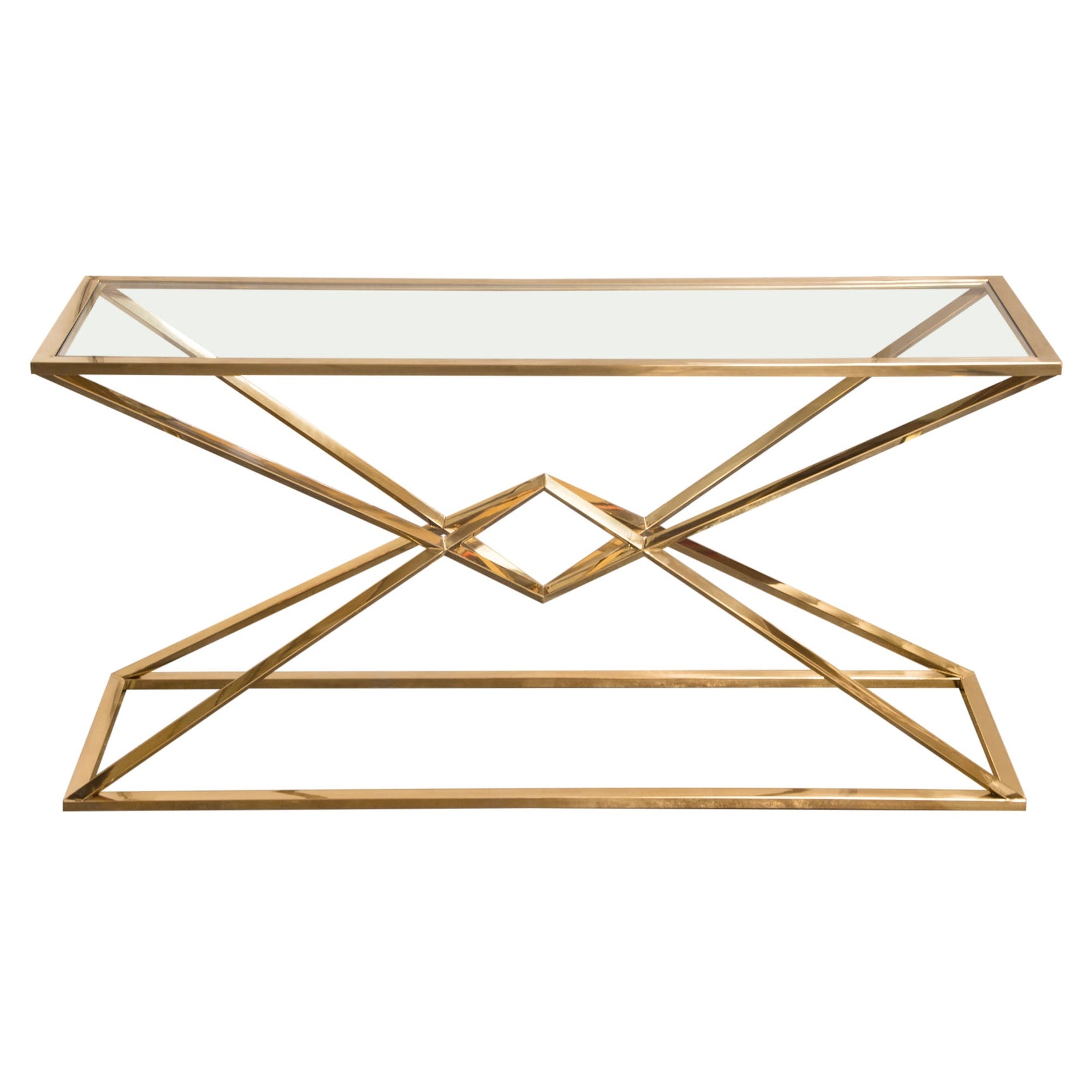 Aria Gold Rectangle Console Table w/ Polished Gold Finish Base & Clear, Tempered Glass Top by Diamond Sofa - Ornate Home