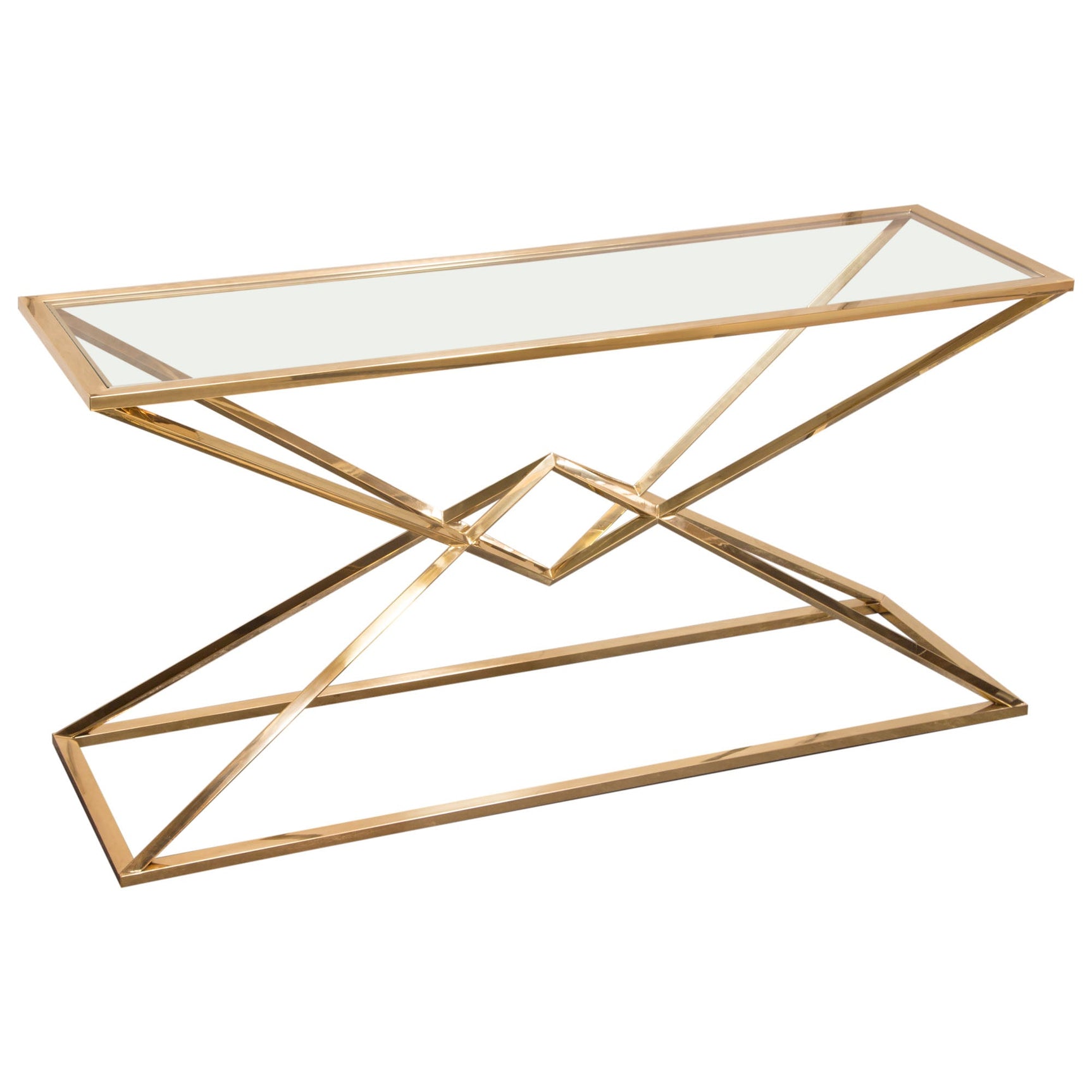 Aria Gold Rectangle Console Table w/ Polished Gold Finish Base & Clear, Tempered Glass Top by Diamond Sofa - Ornate Home