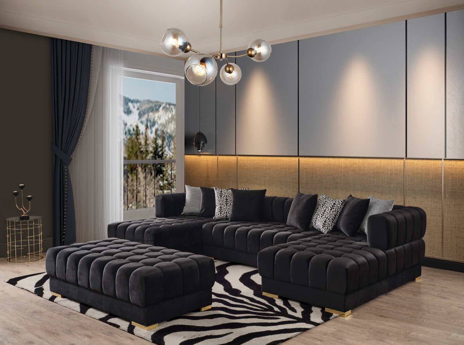 Ariana Black Velvet Double Chaise Sectional Sofa - Ornate Home