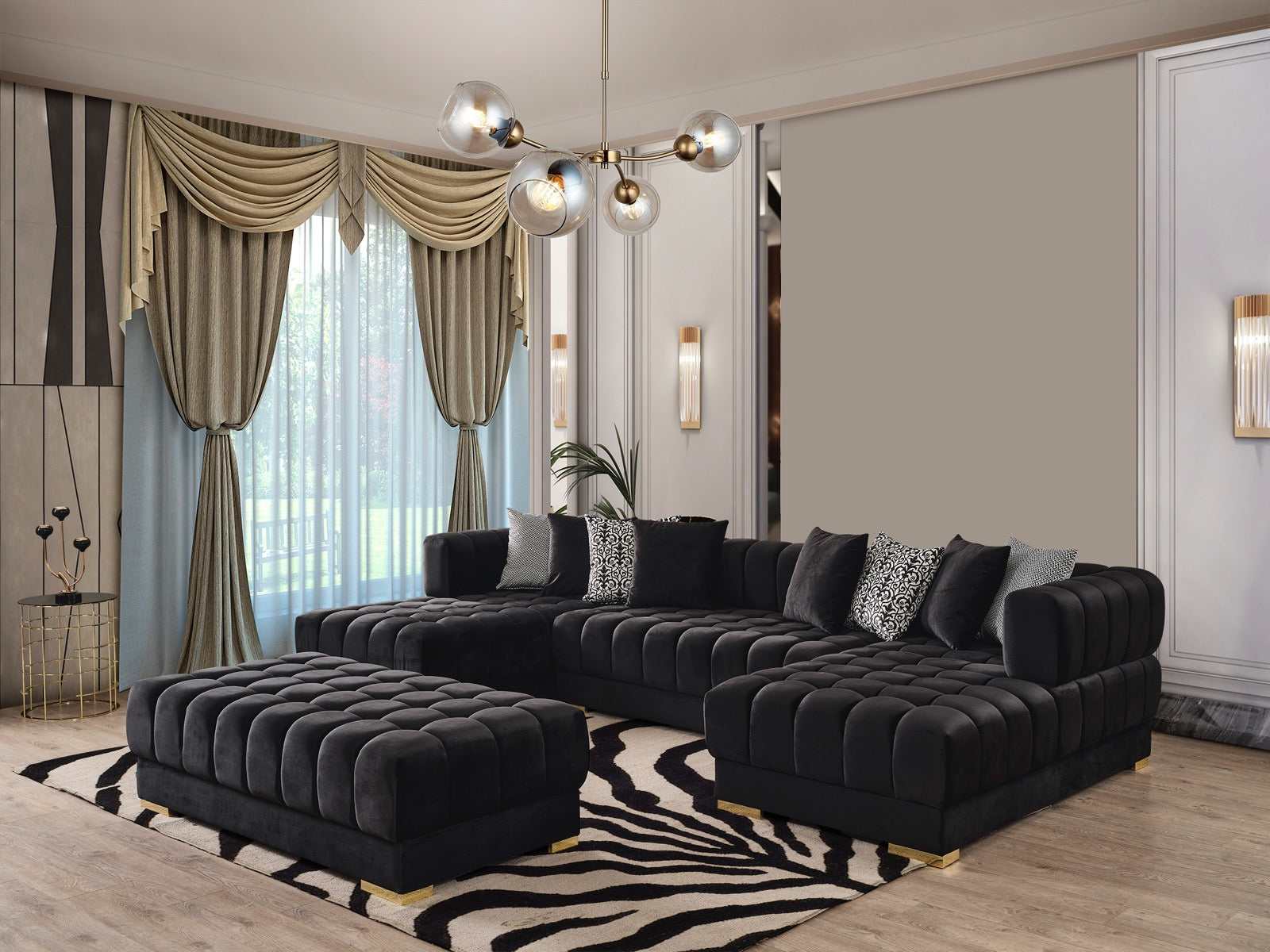 Ariana Black Velvet Double Chaise Sectional Sofa - Ornate Home