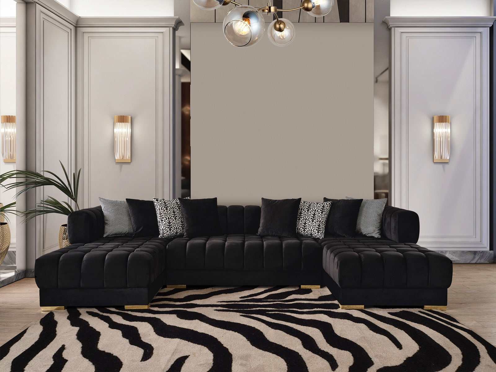 Ariana Black Velvet Double Chaise Sectional Sofa - Ornate Home
