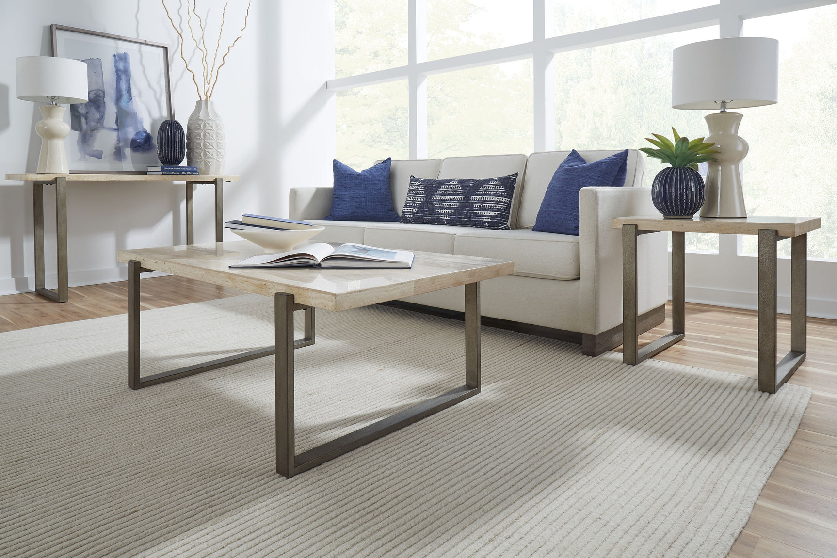 Ariela Natural Travertine Coffee Table with Bronze Metal Base - Ornate Home