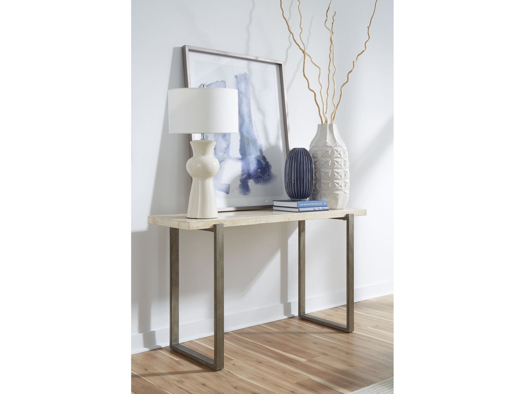 Ariela Natural Travertine Console Table with Bronze Metal Base - Ornate Home