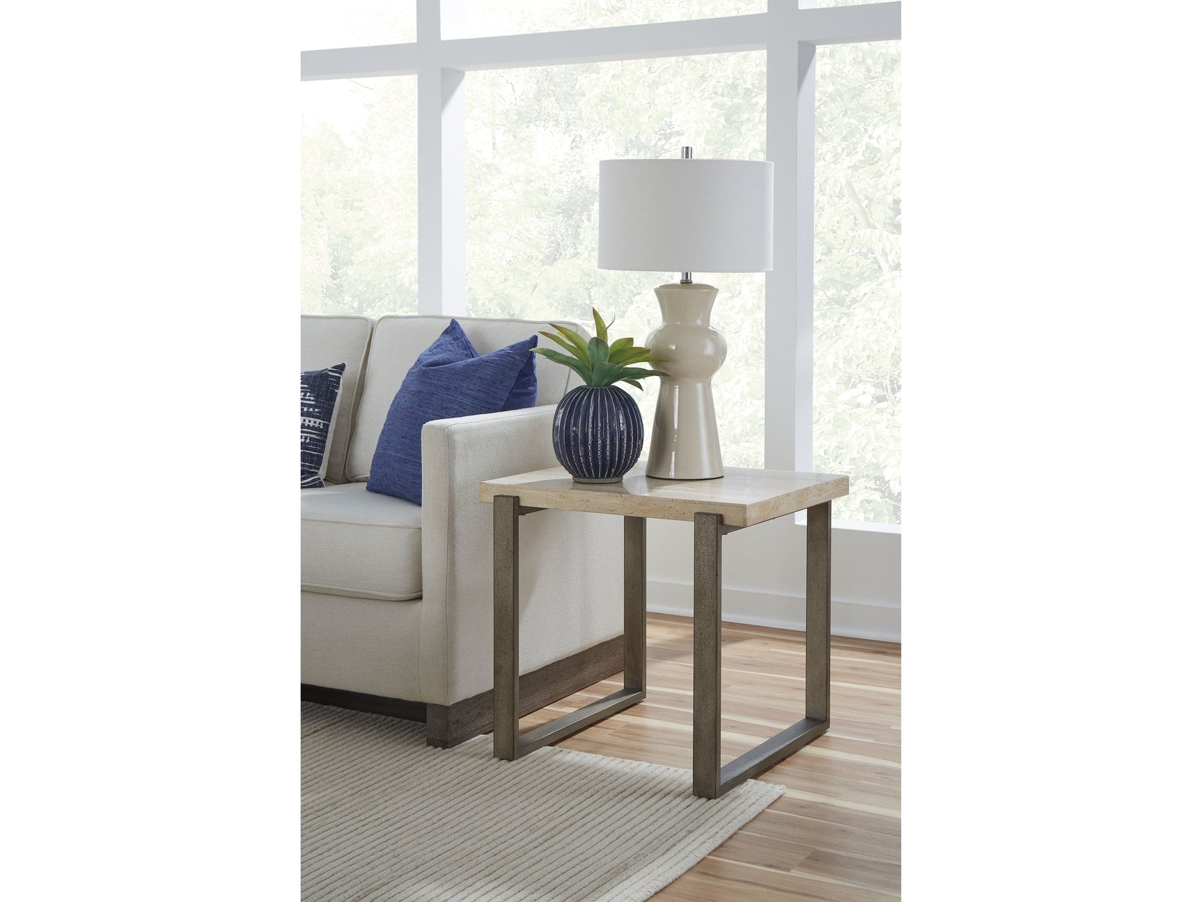 Ariela Natural Travertine End Table with Bronze Metal Base - Ornate Home