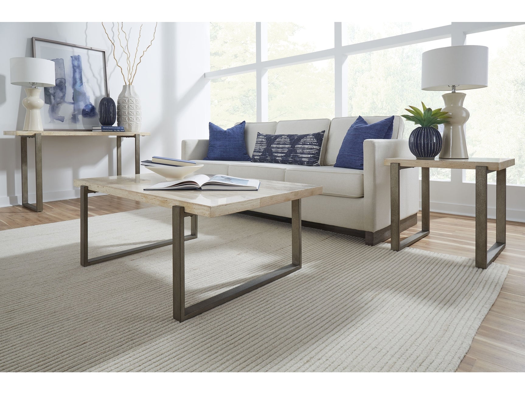 Ariela Natural Travertine End Table with Bronze Metal Base - Ornate Home