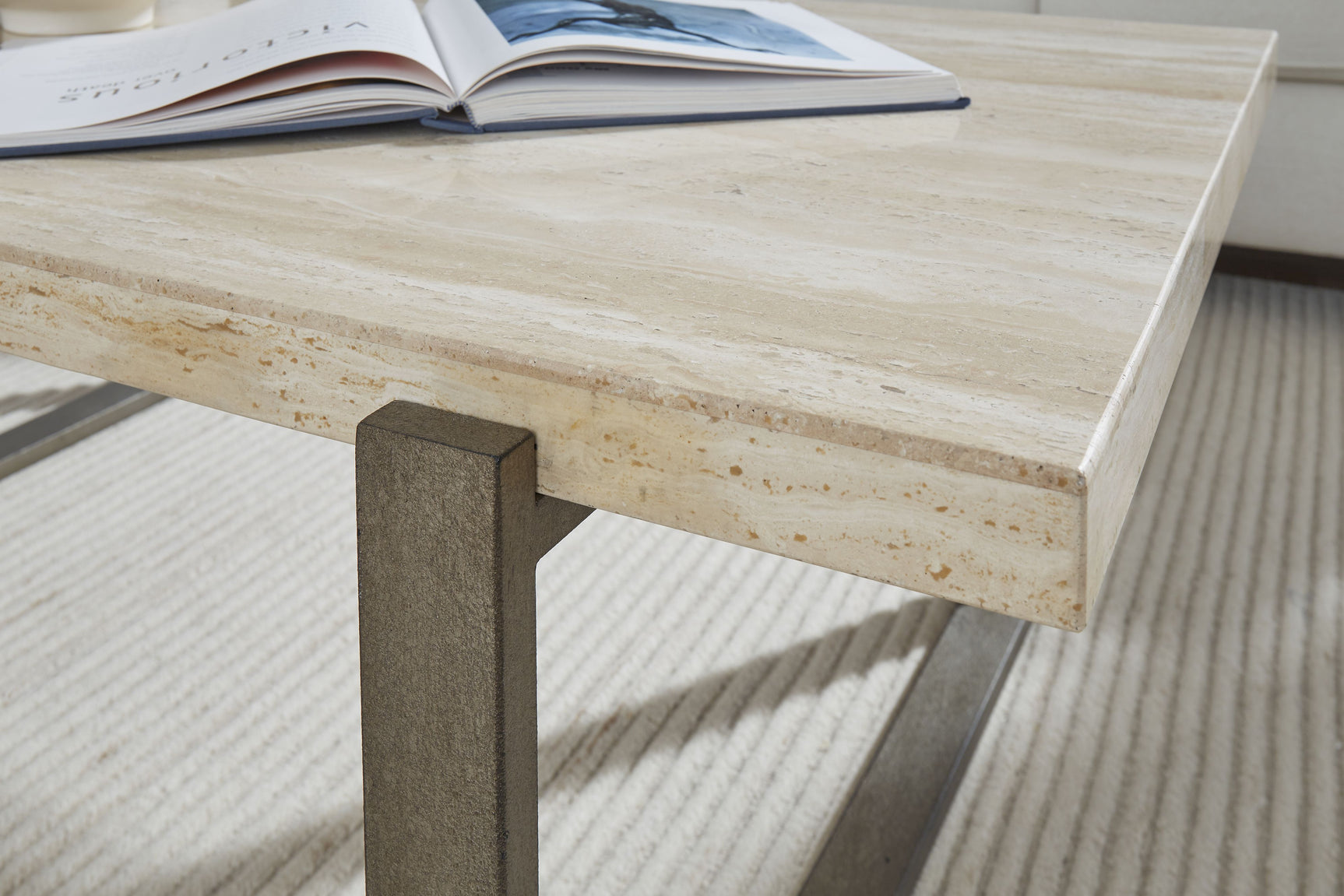 Ariela Natural Travertine End Table with Bronze Metal Base - Ornate Home