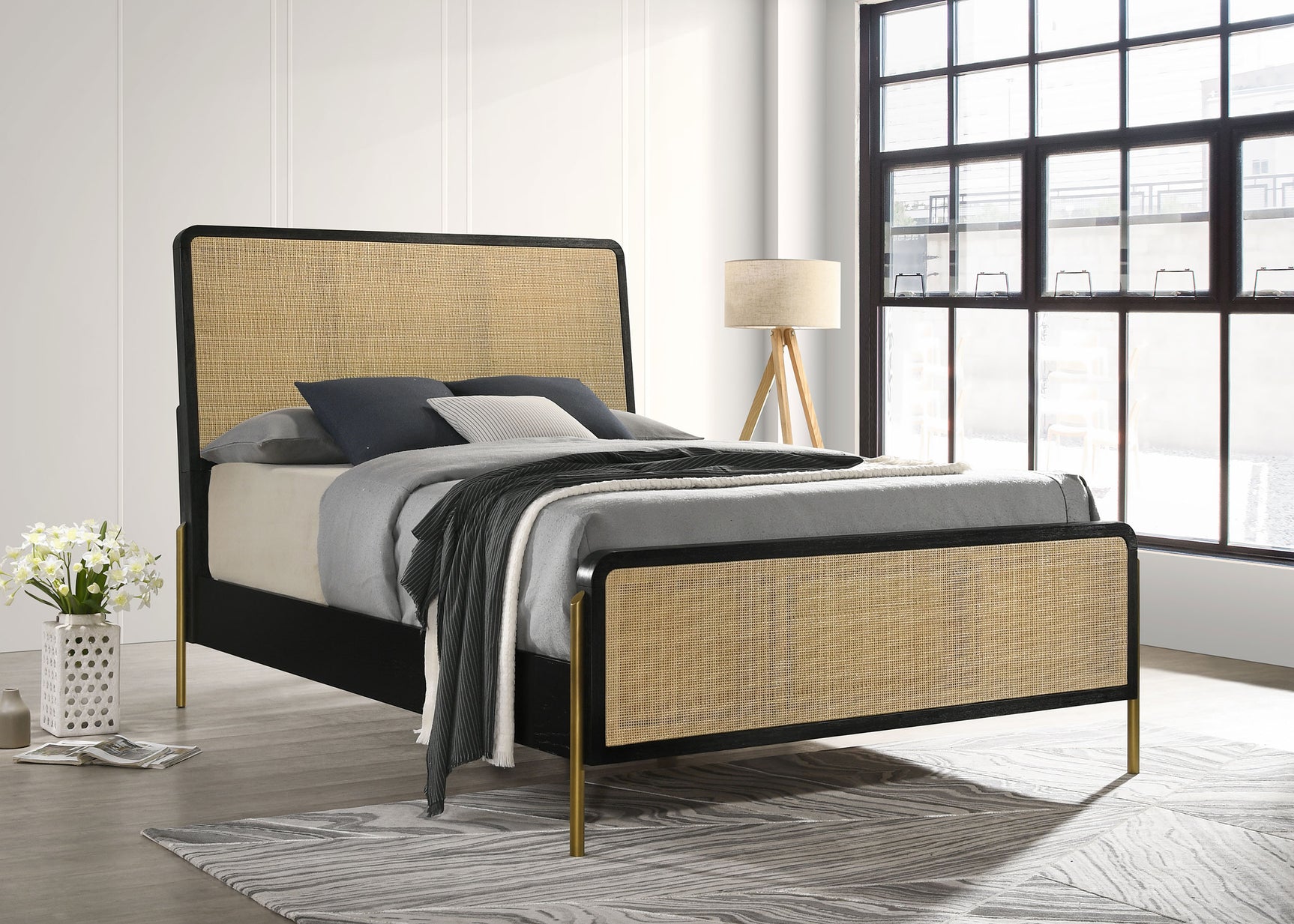 Arini Black / Natural Eastern King Rattan Panel Bed - Ornate Home
