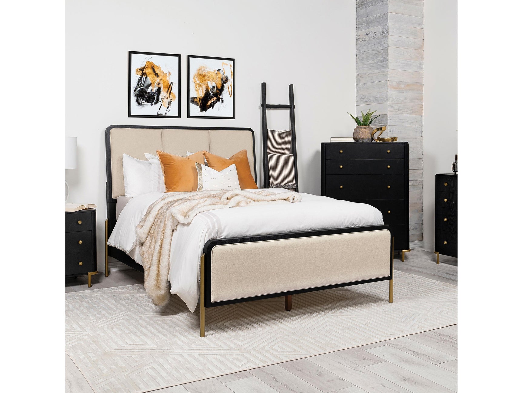 Arini Cream and Black 56-inch California King Panel Bed - Ornate Home