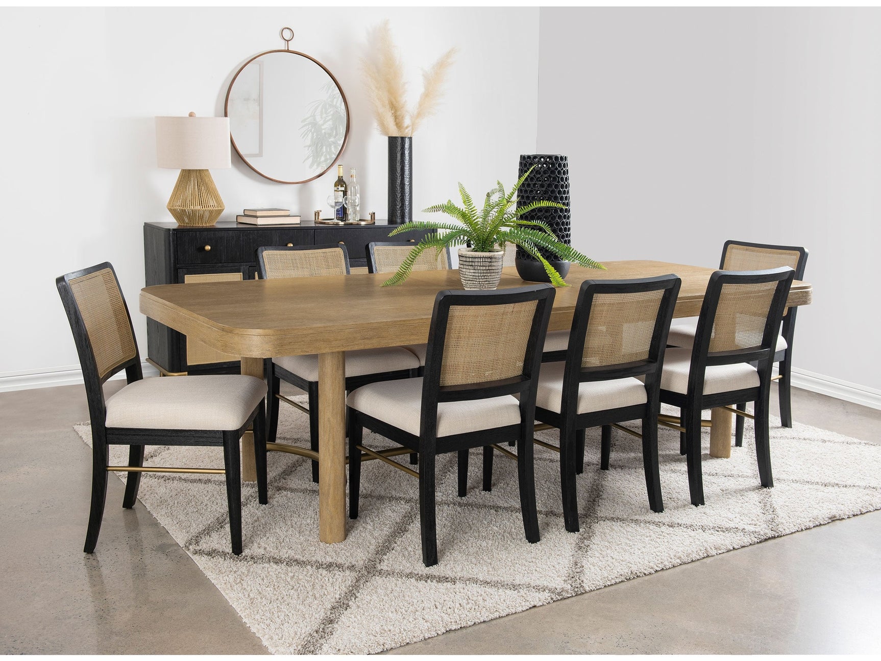 Arini Sand Wash and Black 9-piece Extension Leaf Dining Table Set - Ornate Home