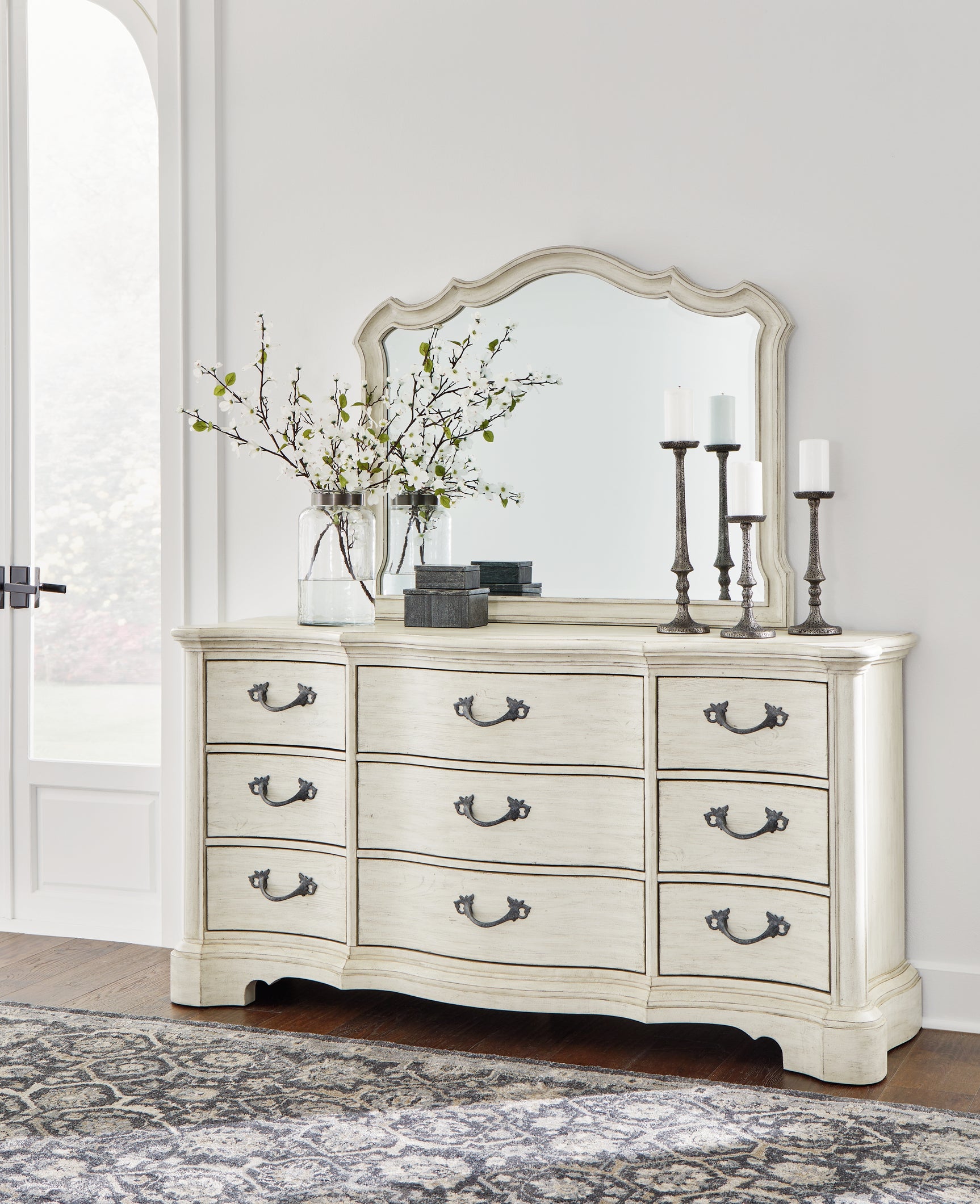 Arlendyne Antique White Dresser, Mirror, Chest and Nightstand - Ornate Home