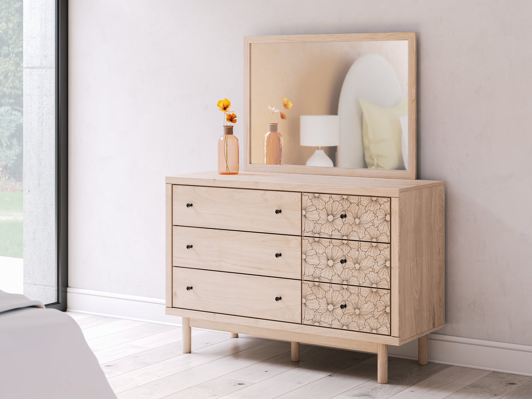 Arloster White/Tan Full Upholstered Panel Bed, Dresser and Mirror (Online Special Price) - Ornate Home