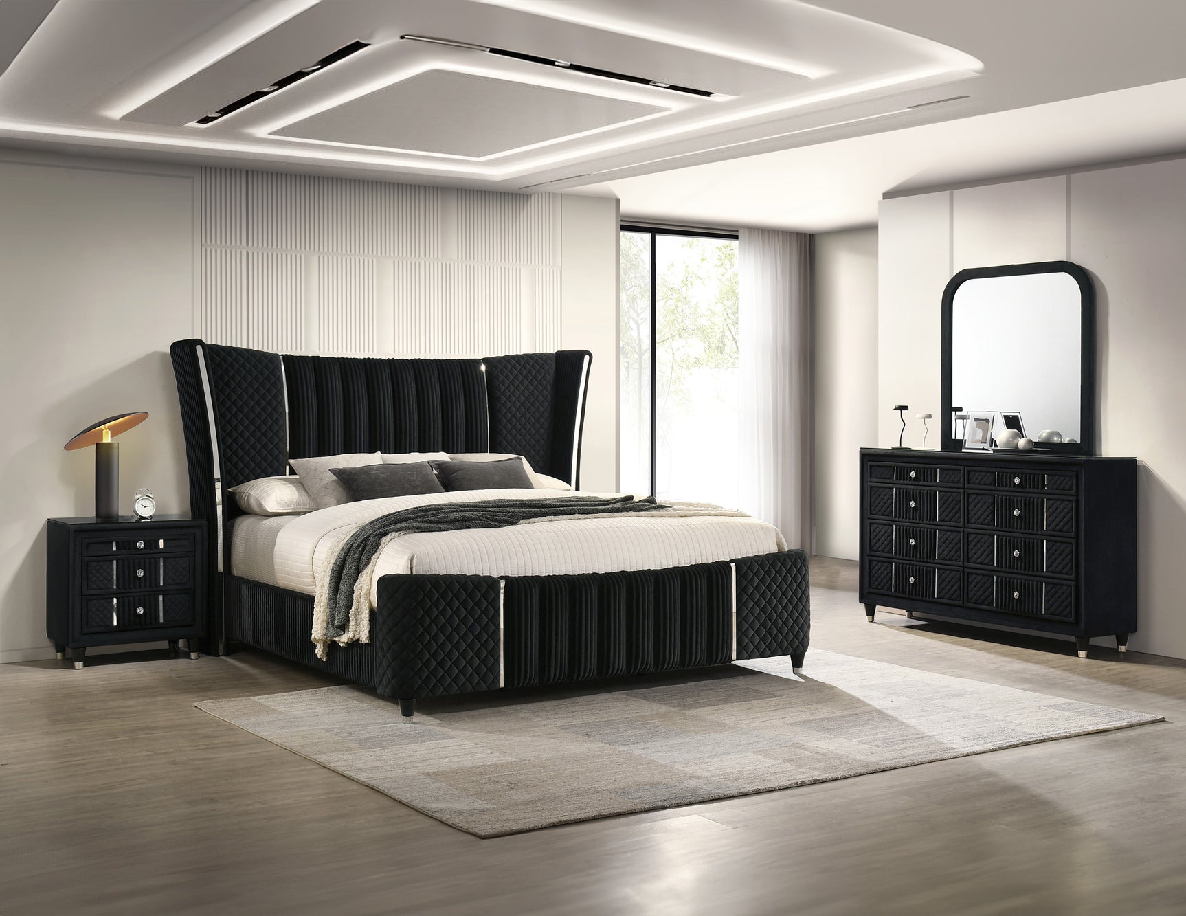 Armany Black Upholstered Panel Bedroom Set - Ornate Home