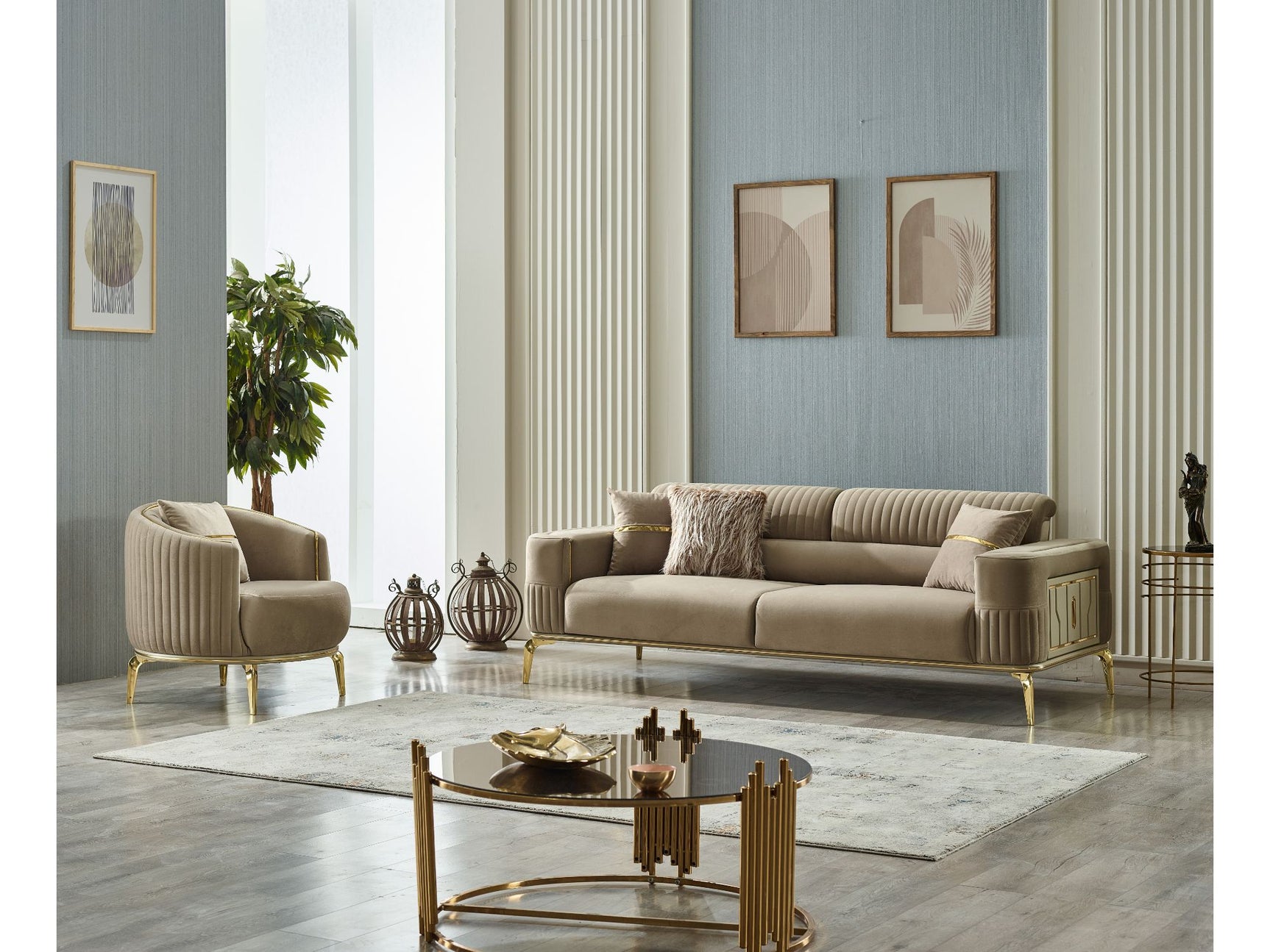 Armoni Beige Convertible Sofa With Gold Legs