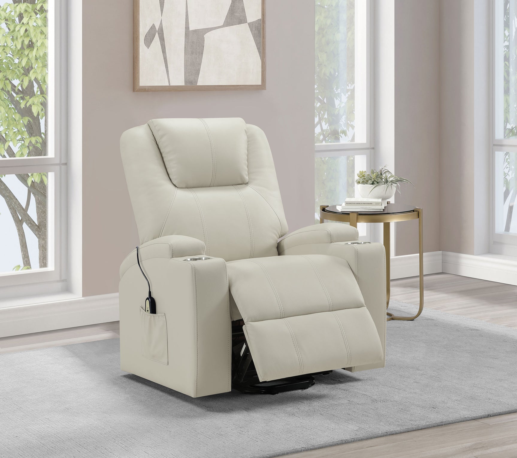 Armstrong Ivory Upholstered Power Lift Massage Recliner - Ornate Home