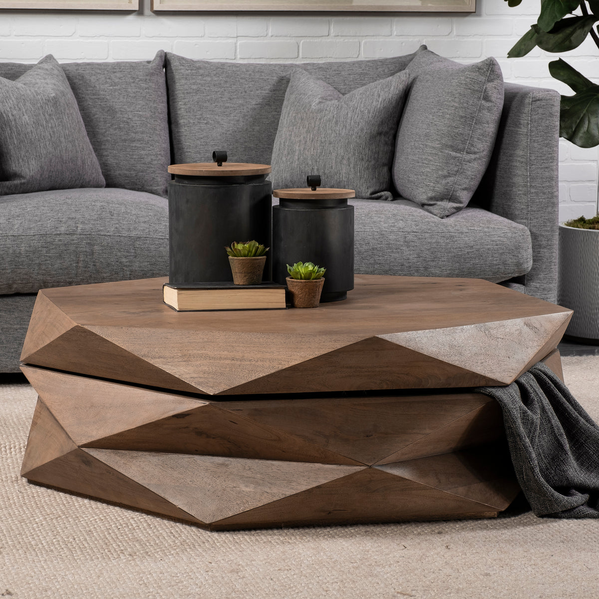 Arreto Brown 48" Hexagonal Hinged Solid Wood Top and Base Coffee Table - Ornate Home