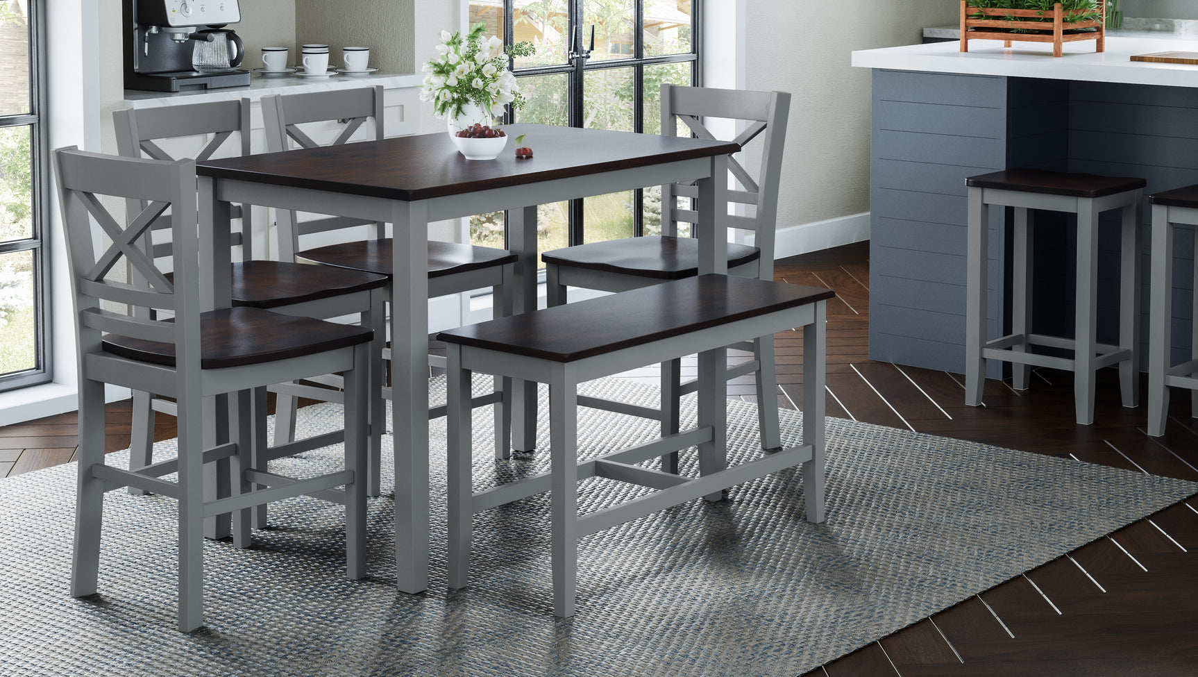 Asbury Park Grey/Autumn Brown Counter Height Dining Table w/ 4 Stools, Bench - Ornate Home
