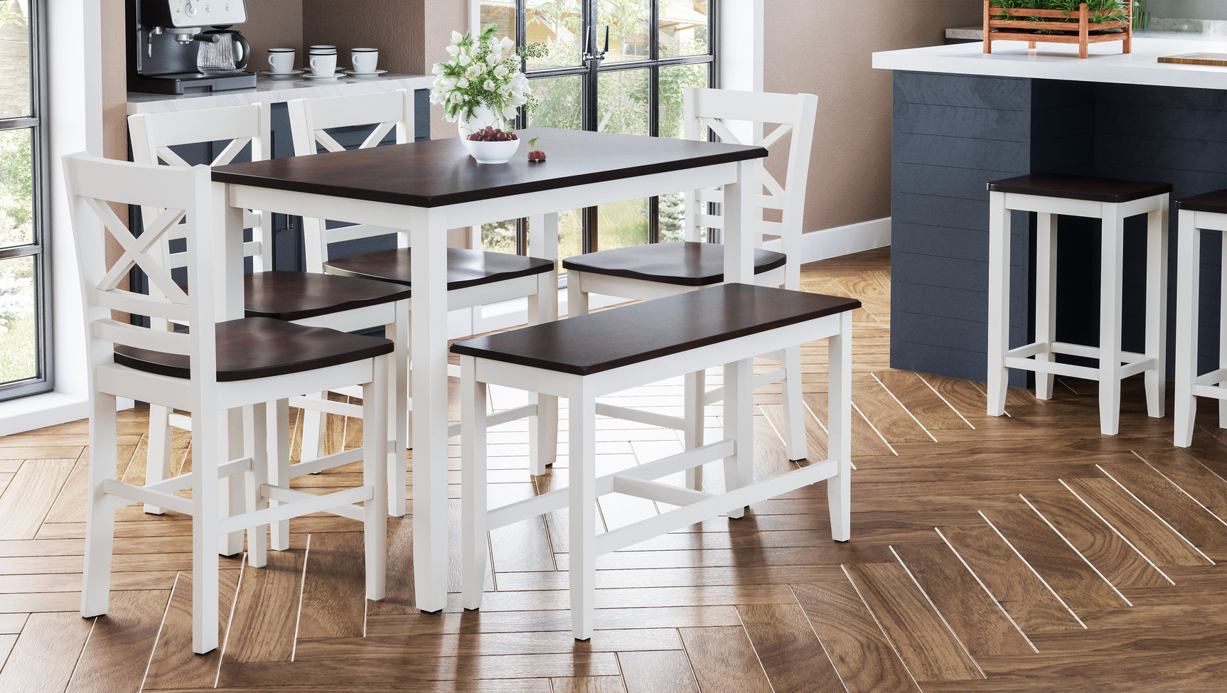 Asbury Park White/Autumn Brown Counter Height Dining Table w/ 4 Stools, Bench - Ornate Home