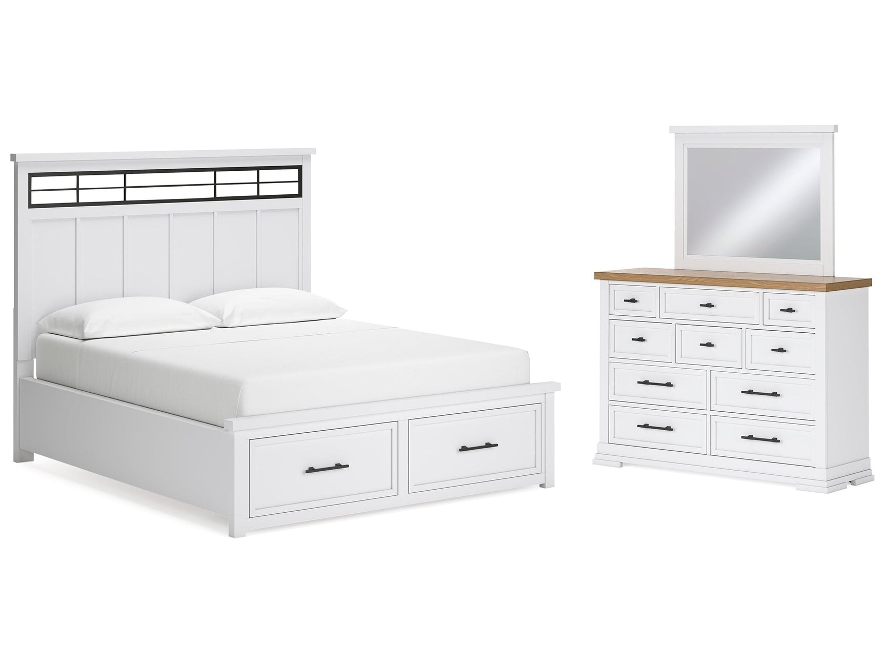 Ashbryn White/Natural California King Panel Storage Bedroom Set with Dresser and Mirror - Ornate Home