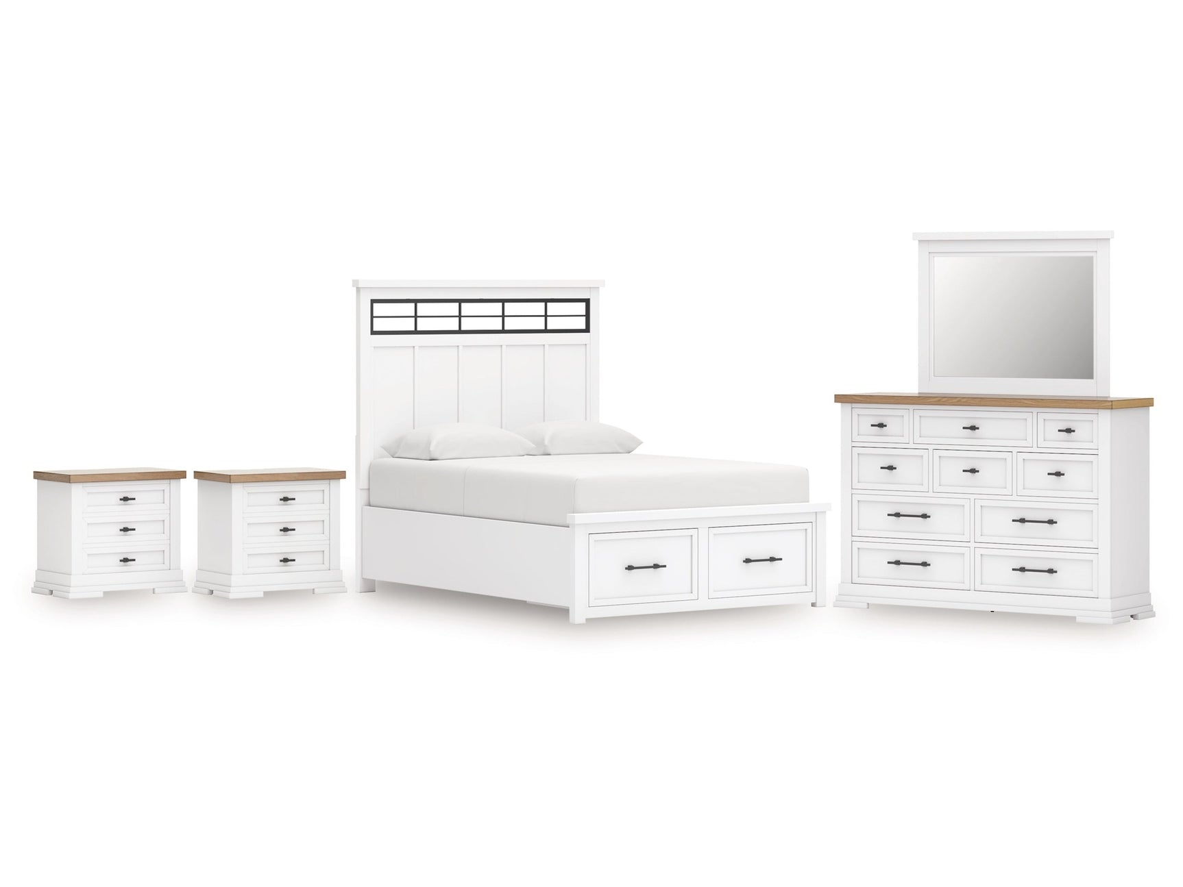 Ashbryn White/Natural King Panel Bedroom Set with Dresser, Mirror and 2 Nightstands - Ornate Home