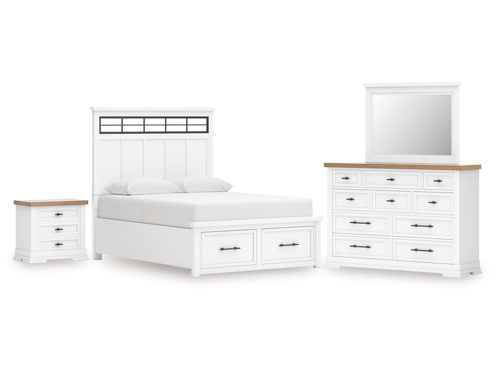 Ashbryn White/Natural King Panel Storage Bedroom Set with Dresser, Mirror and Nightstand (Online Special Price) - Ornate Home