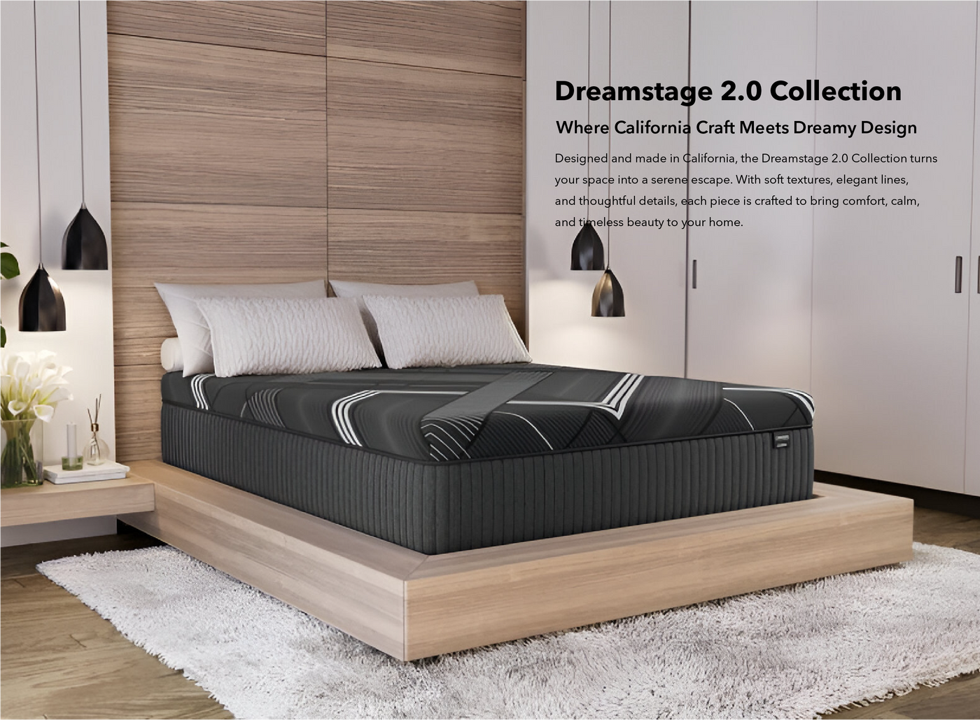 Dreamstage 2.0 Collection mattress in a bedroom setting with wooden headboard and white bedding.