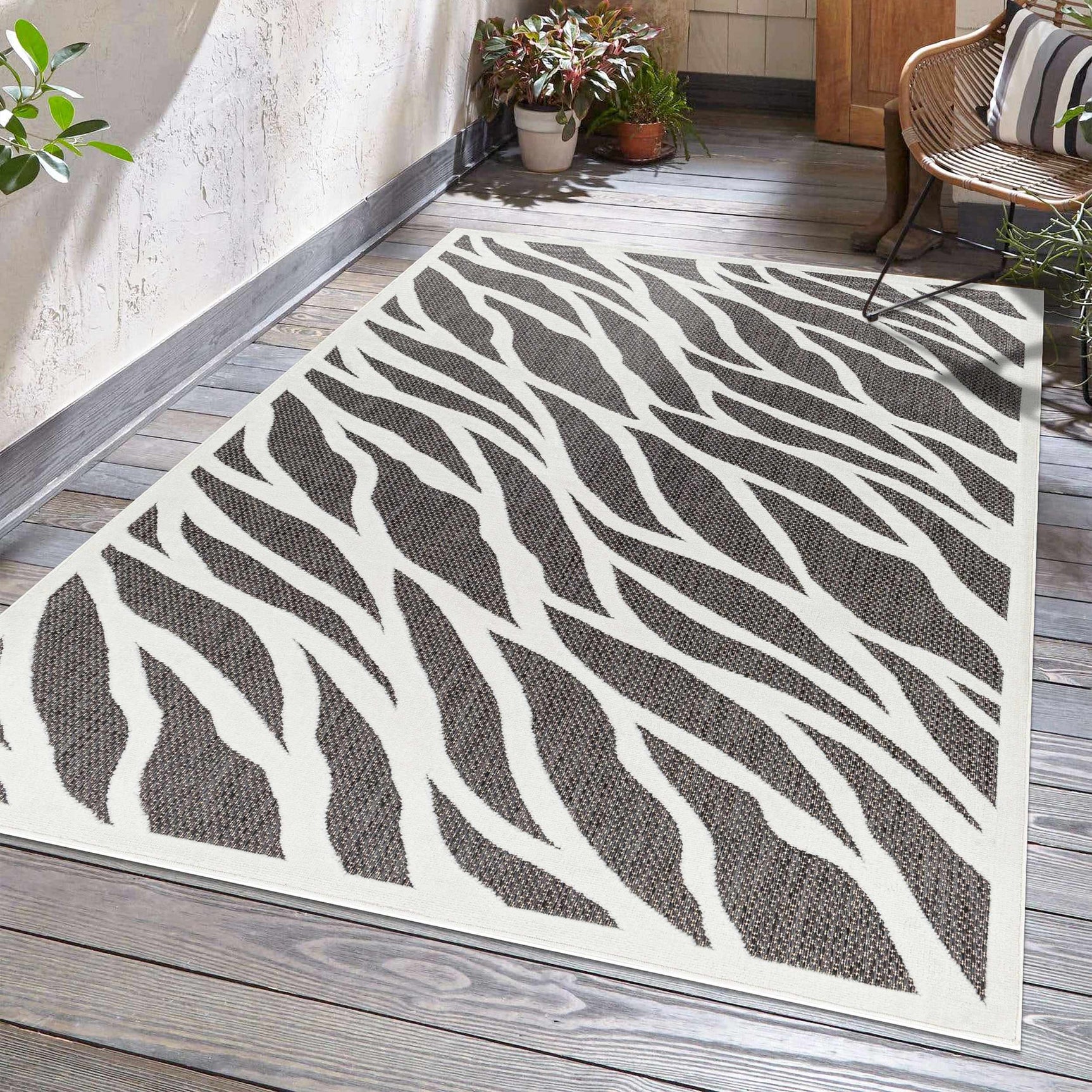 Astra Zebra Print Black Outdoor Rug - Clearance - Ornate Home