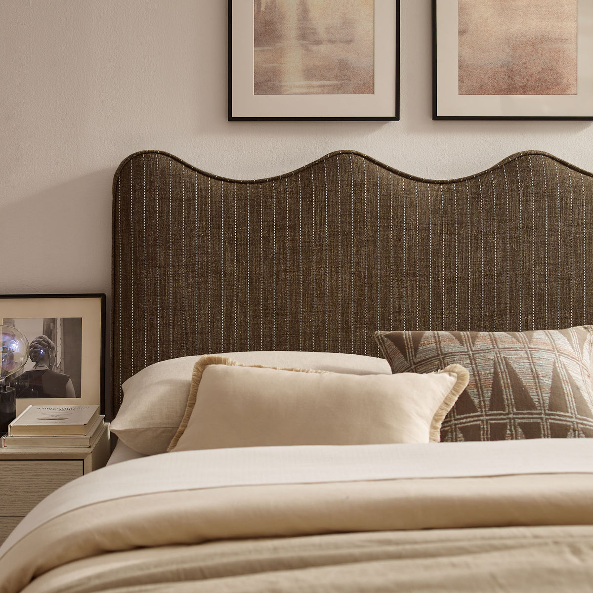 Athena Earth Stripe Striped Fabric Upholstered Queen Size Headboard - Ornate Home