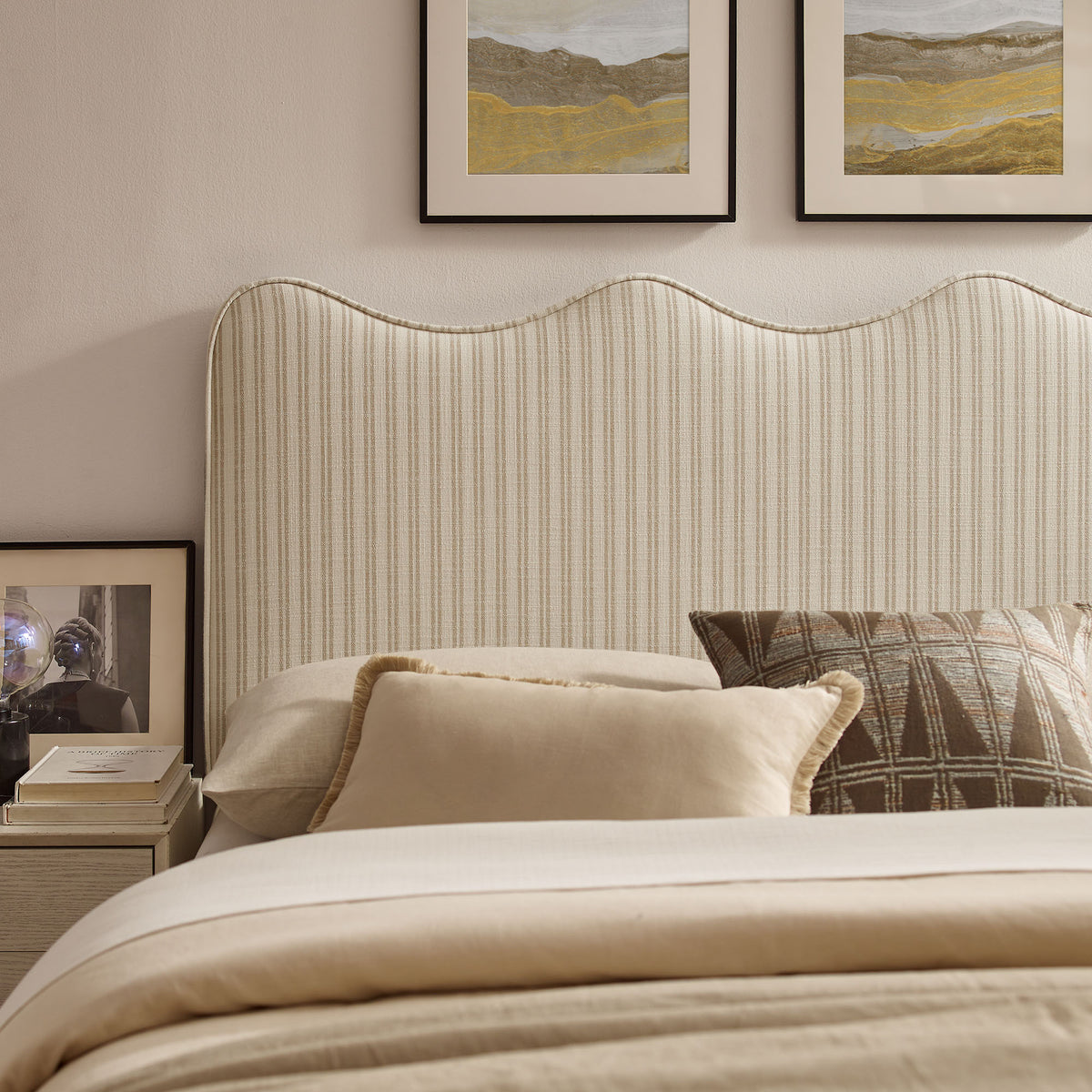 Athena Oatmeal Stripe Striped Fabric Upholstered King Size Headboard - Ornate Home