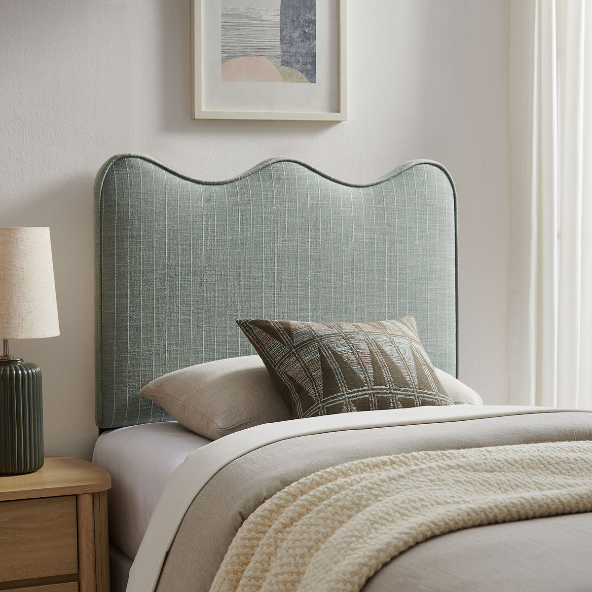 Athena Spa Blue Stripe Striped Fabric Upholstered Twin Size Headboard - Ornate Home