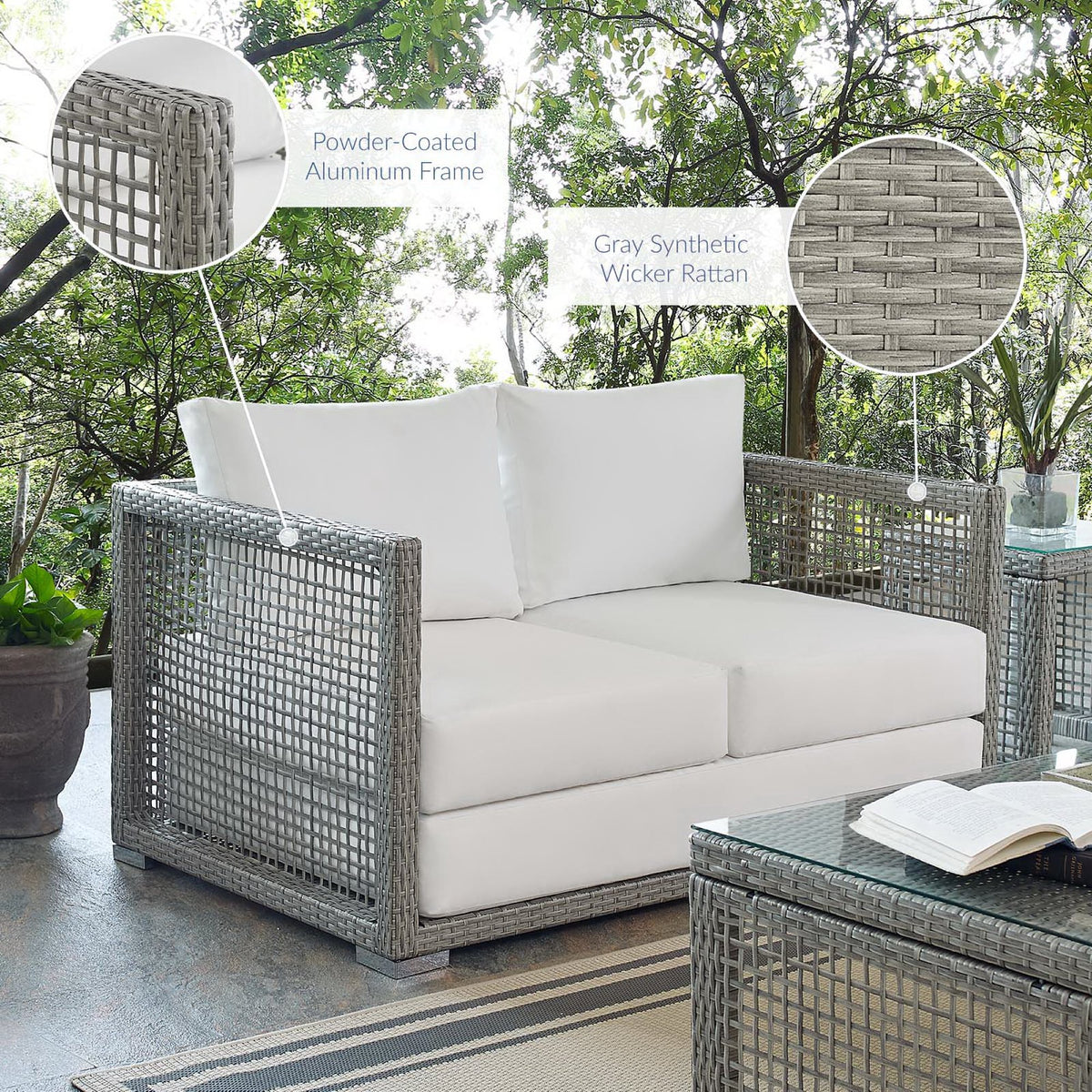 Aura Gray/White Outdoor Patio Wicker Rattan Loveseat - Ornate Home