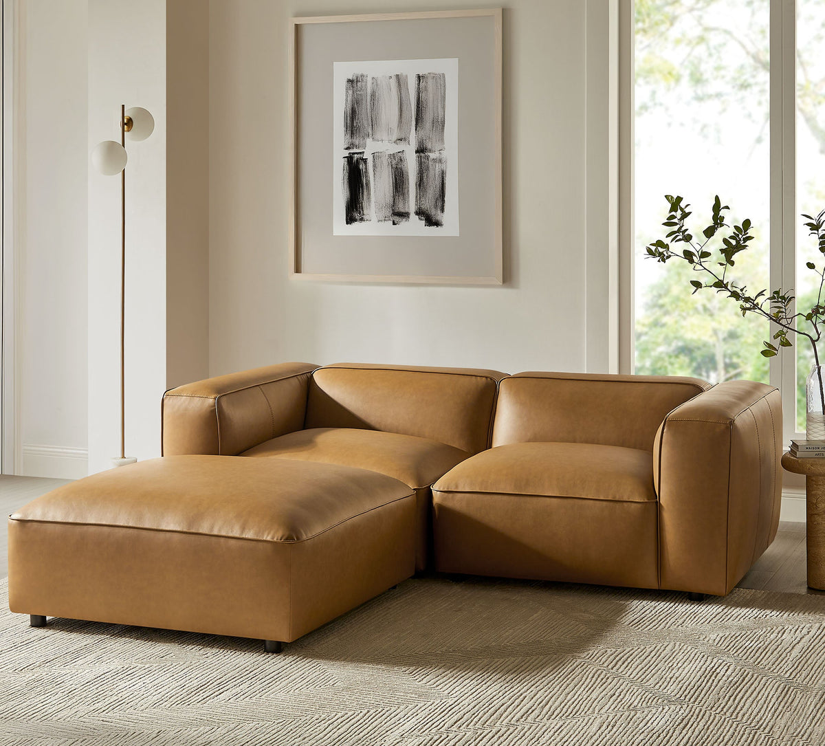 Auren Camel 3-Piece Upholstered Vegan Leather Modular Loveseat with Ottoman - Ornate Home