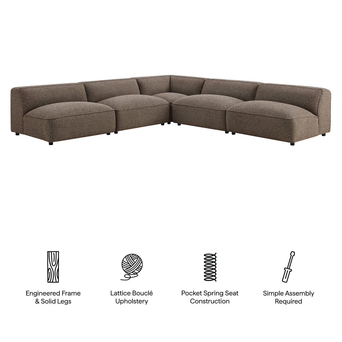 Auren Earth 5 Piece Lattice Bouclé Upholstered Modular Corner Sectional - 125.3x125.3" - Ornate Home