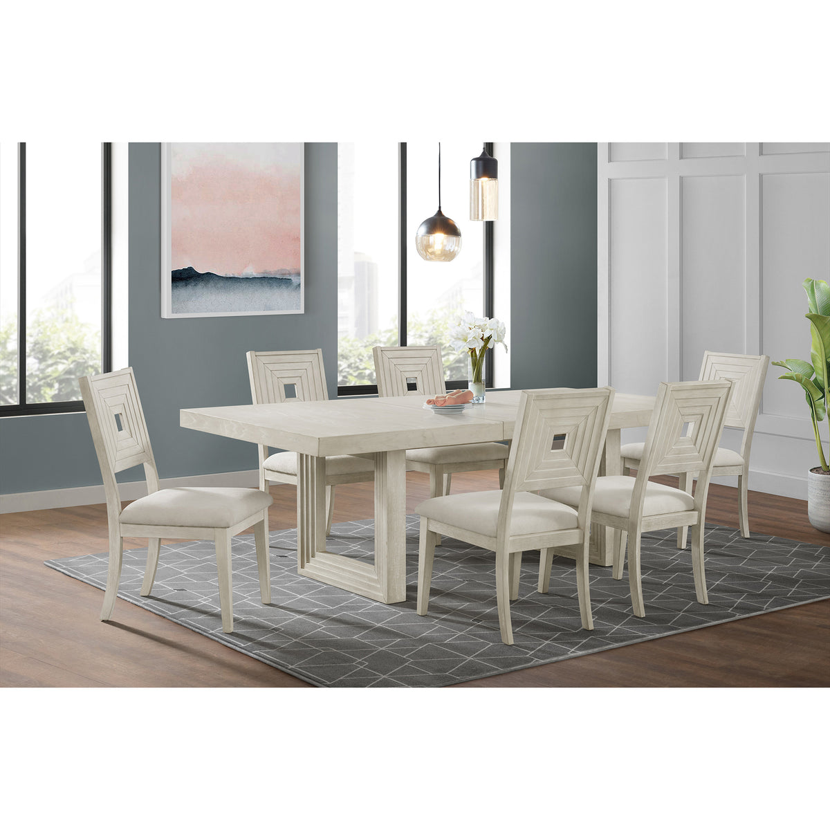 Avalanche Antique White 7-Piece Standard Height Dining Set with Table & Six Chairs