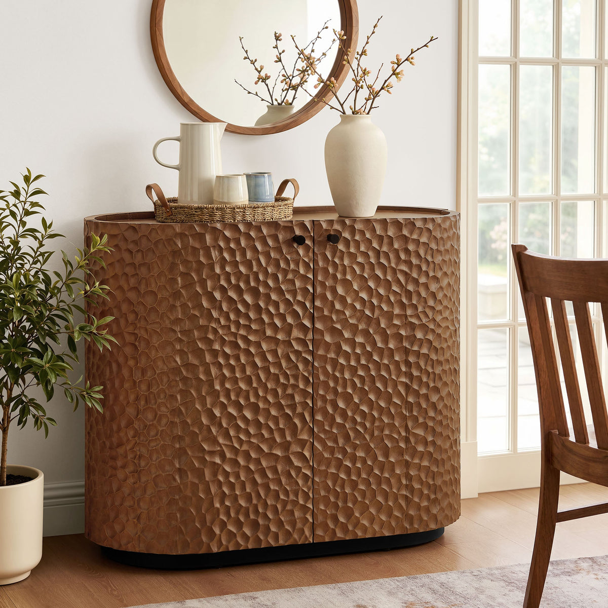 Aven Walnut 36 Inch Chiseled Curved Wood 2 Door Accent Cabinet