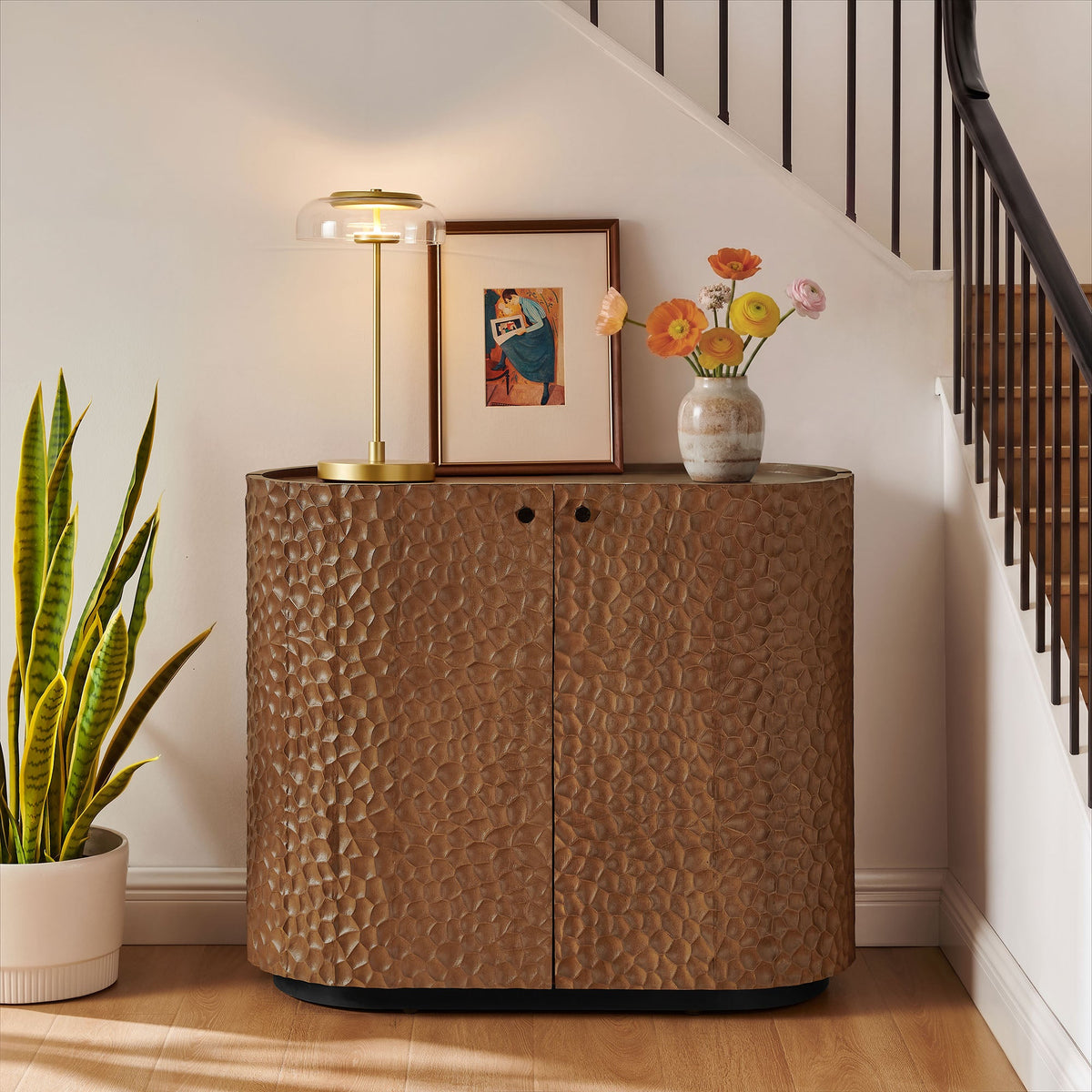 Aven Walnut 36 Inch Chiseled Curved Wood 2 Door Accent Cabinet