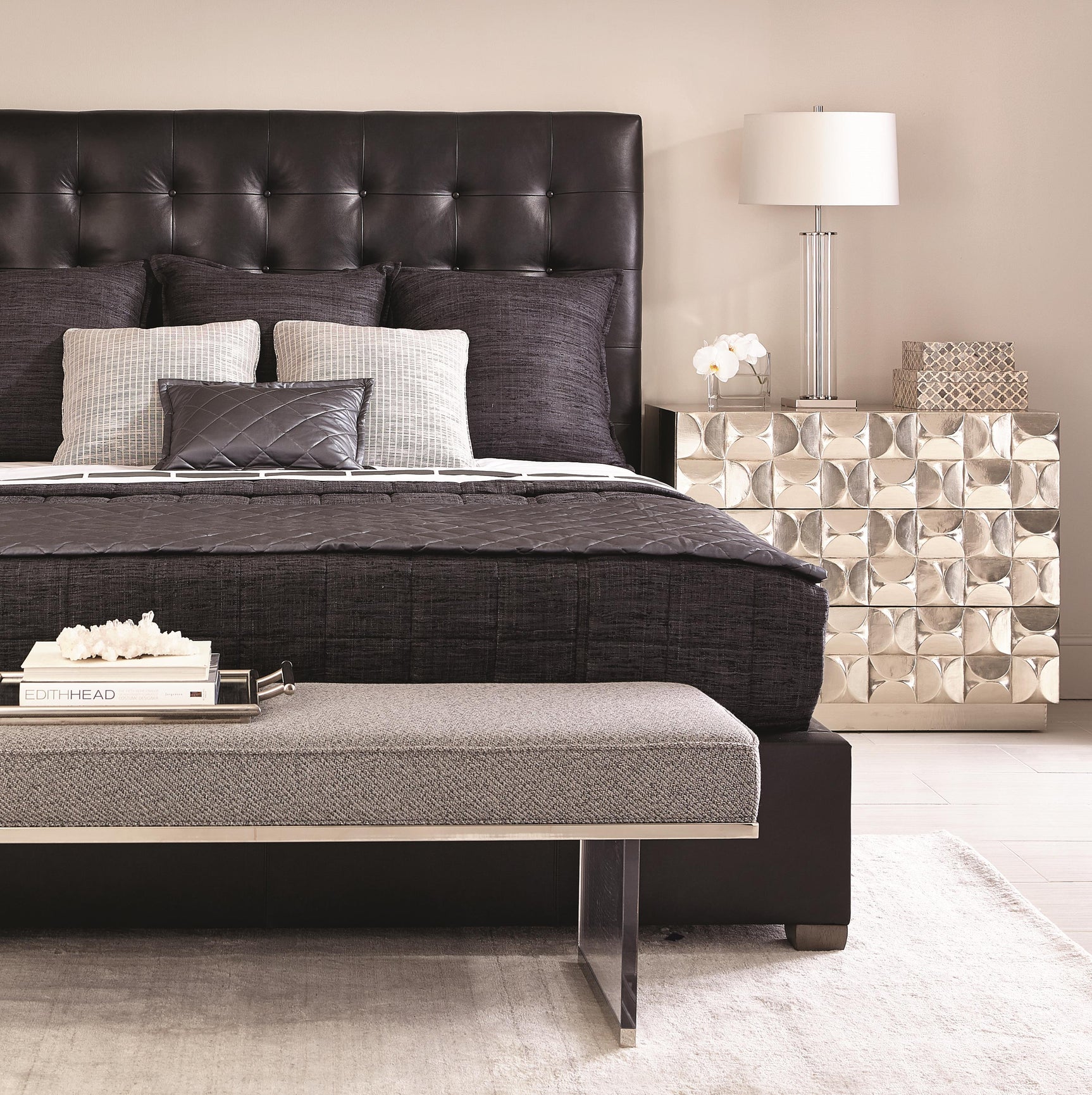 Avery Black/Grey Leather Panel King Bed (54.5" H) - Ornate Home