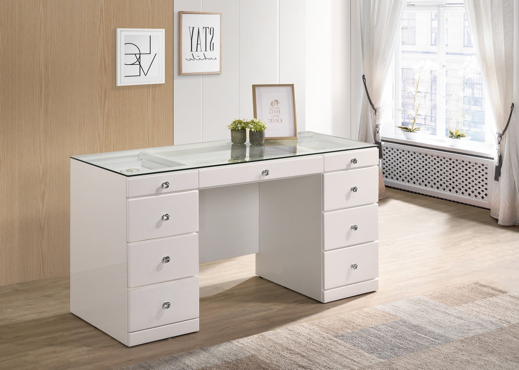 Avery White Vanity Set w/LED Mirror & Stool - Ornate Home