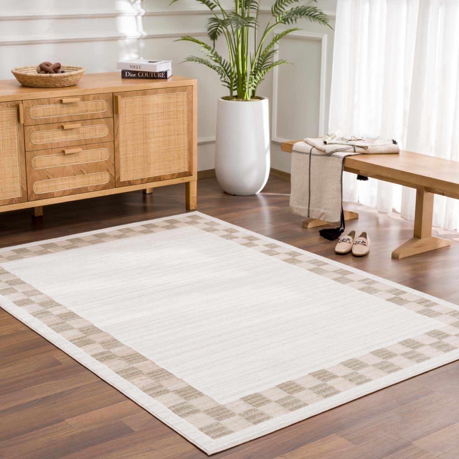 Azrika Beige Checkered Washable Rug - Clearance - Ornate Home