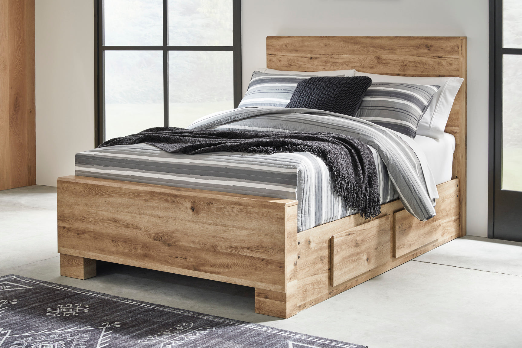 Hyanna Tan Brown Full Panel Bed w/ 1 Side Storage, Dresser, Mirror and 2 Nightstands