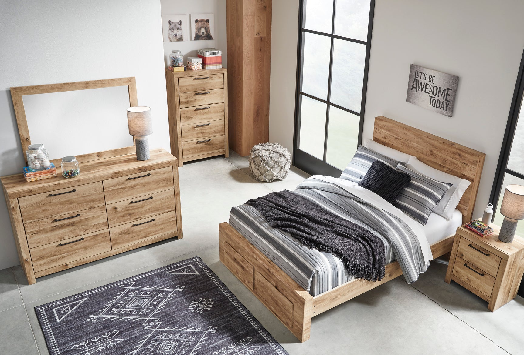 Hyanna Tan Brown Full Panel Bed w/ Fb Storage, Dresser, Mirror, Chest and Nightstand