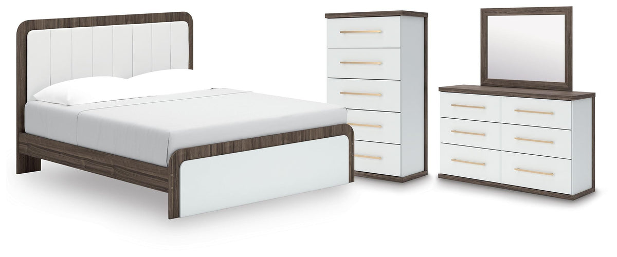 Kendanport White/Brown King Upholstered Bed, Dresser, Mirror and Chest (Online Special Price)