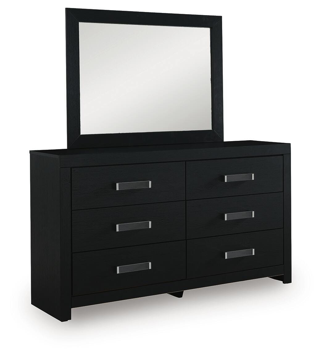 Maeling Black Full Upholstered Panel Bed, Dresser and Mirror