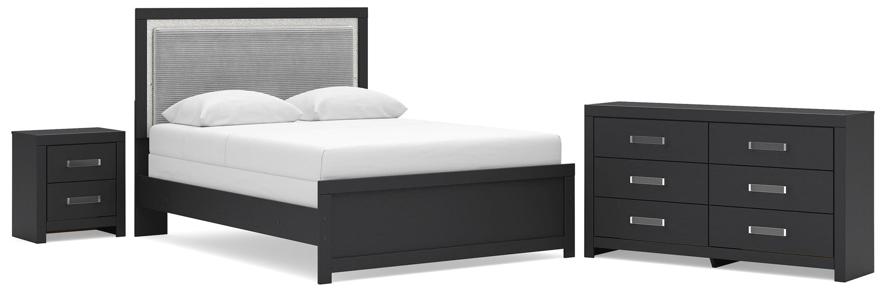 Maeling Black Queen Upholstered Panel Bed, Dresser and Nightstand (Online Special Price)