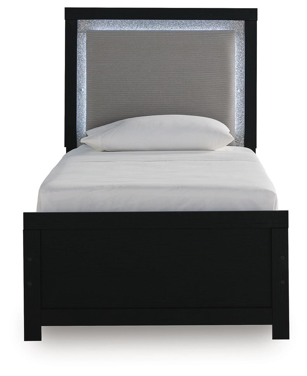 Maeling Black Twin Upholstered Panel Bed, Dresser and Mirror