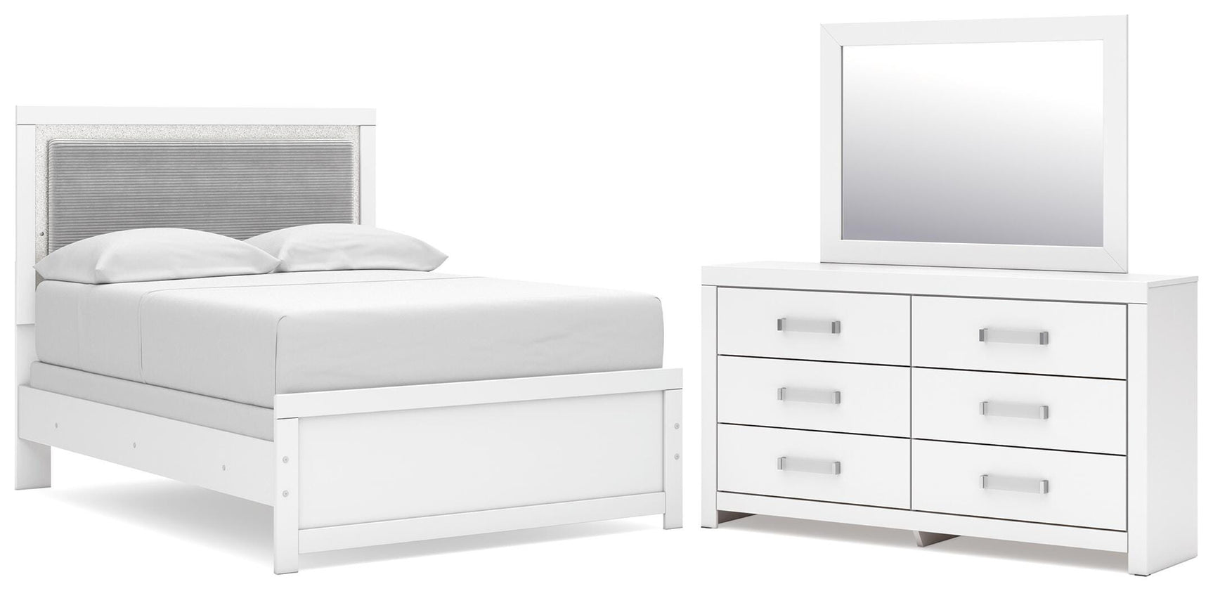 Maeling White Full Upholstered Panel Bed, Dresser and Mirror (Online Special Price)