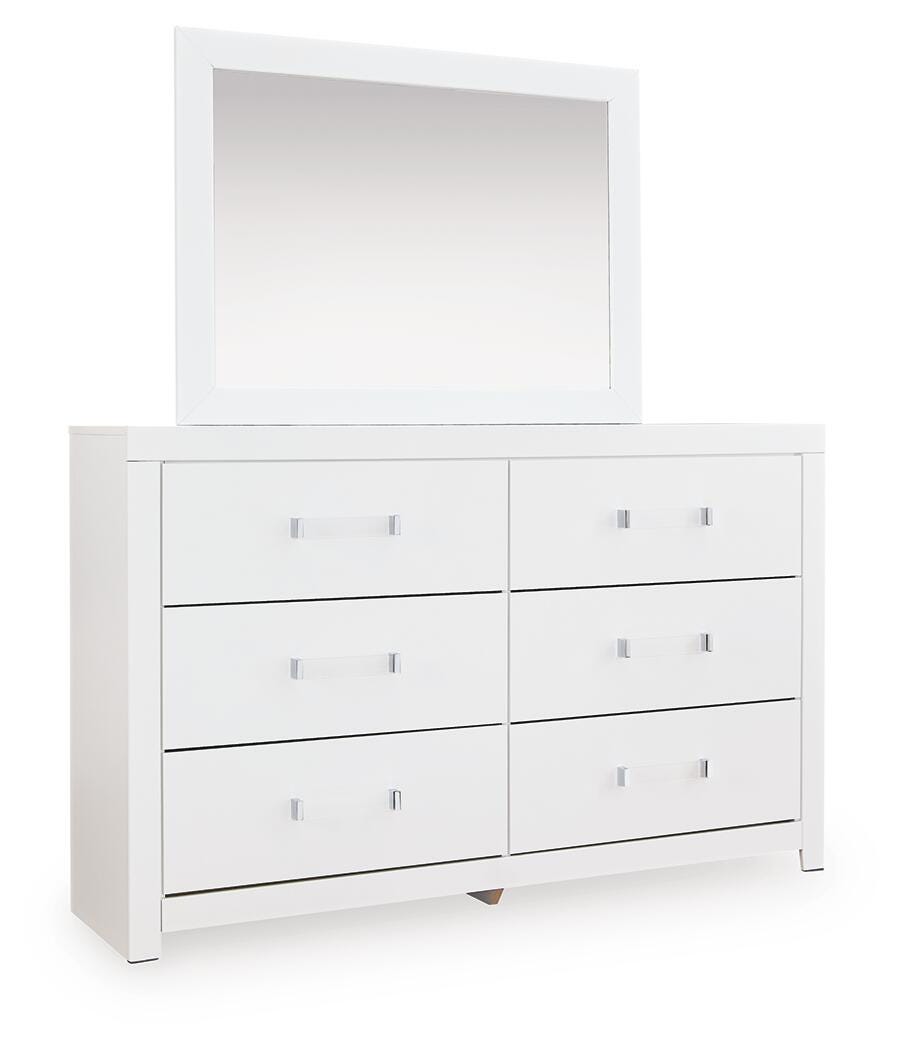 Maeling White Twin Upholstered Panel Bed, Dresser and Mirror