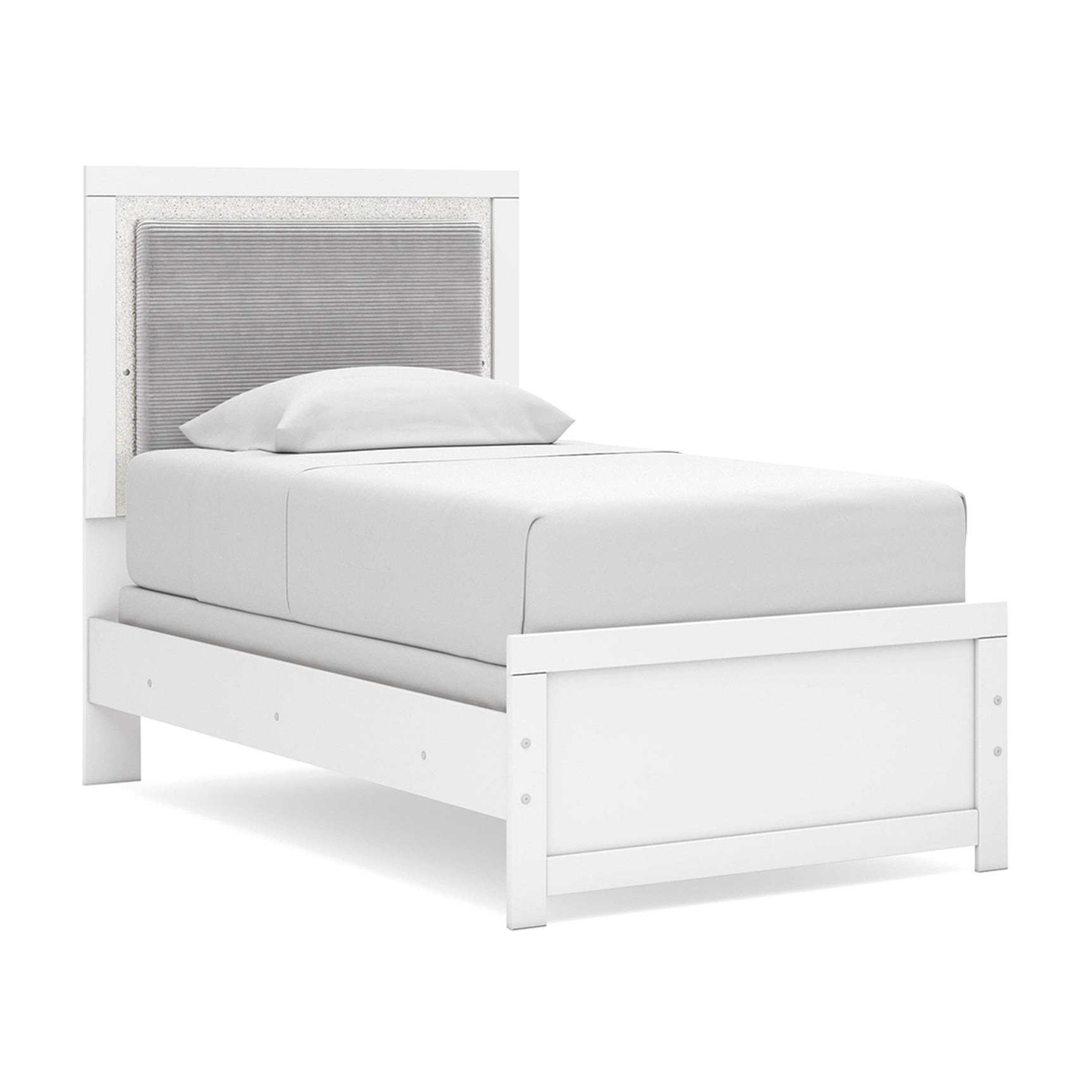 Maeling White Twin Upholstered Panel Bed, Dresser and Mirror