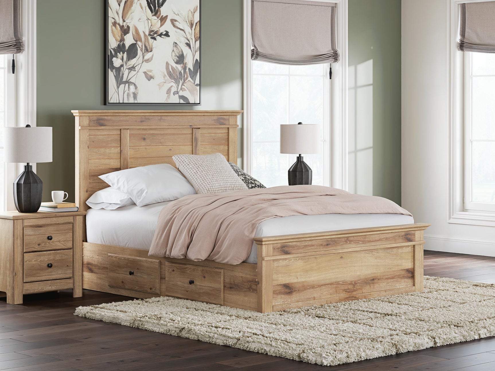 Fenderport Tan Queen Panel Storage Bed with Panel Footboard and Under Bed Storage