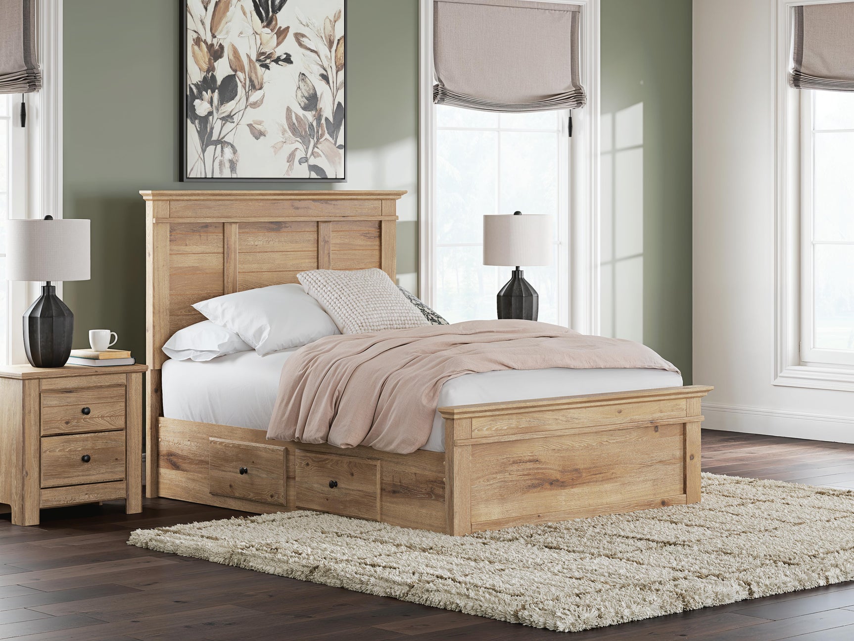 Fenderport Tan Full Panel Storage Bed with Panel Footboard and 2 Under Bed Storage Units