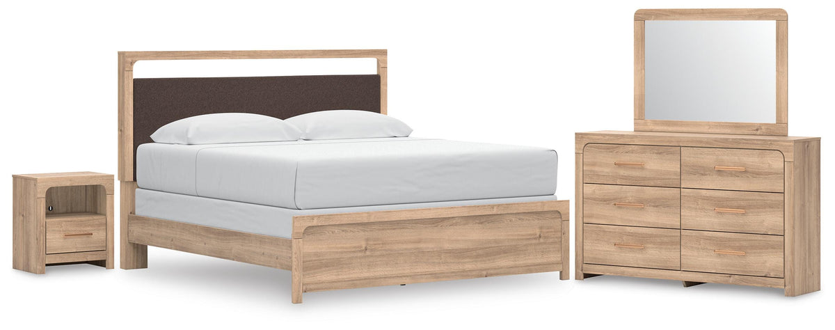 Kinlanni Tan King Upholstered Panel Bed, Dresser, Mirror and Nightstand